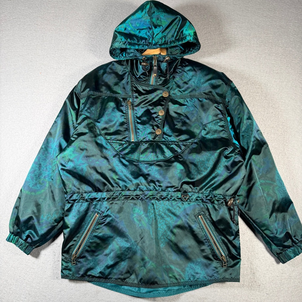 Vintage Obermeyer Renaissance Ski Jacket Hooded Pullover Green Metallic Women 10